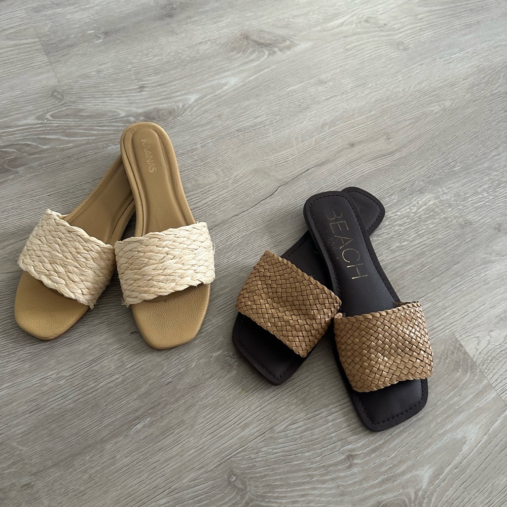 BUNDLE. Kaanas slides in cream color and Beach slides in beige. Size 10 and 9